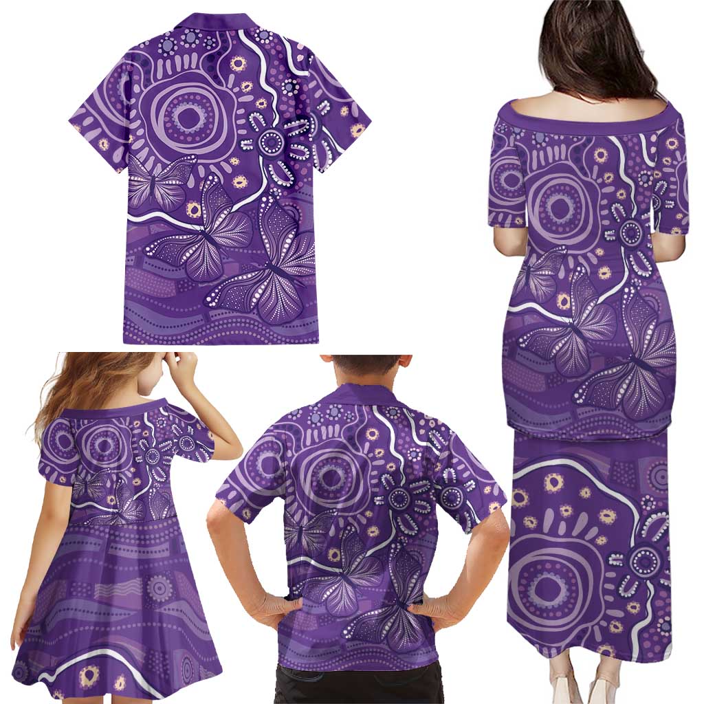 Australia Lupus Awareness Indigenous Family Matching Puletasi and Hawaiian Shirt Purple Ribbon Aboriginal Butterflies