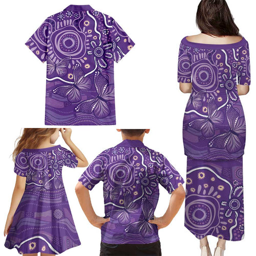 Australia Lupus Awareness Indigenous Family Matching Puletasi and Hawaiian Shirt Purple Ribbon Aboriginal Butterflies
