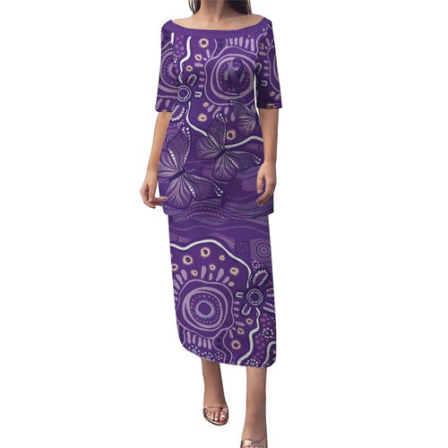 Australia Lupus Awareness Indigenous Family Matching Puletasi and Hawaiian Shirt Purple Ribbon Aboriginal Butterflies