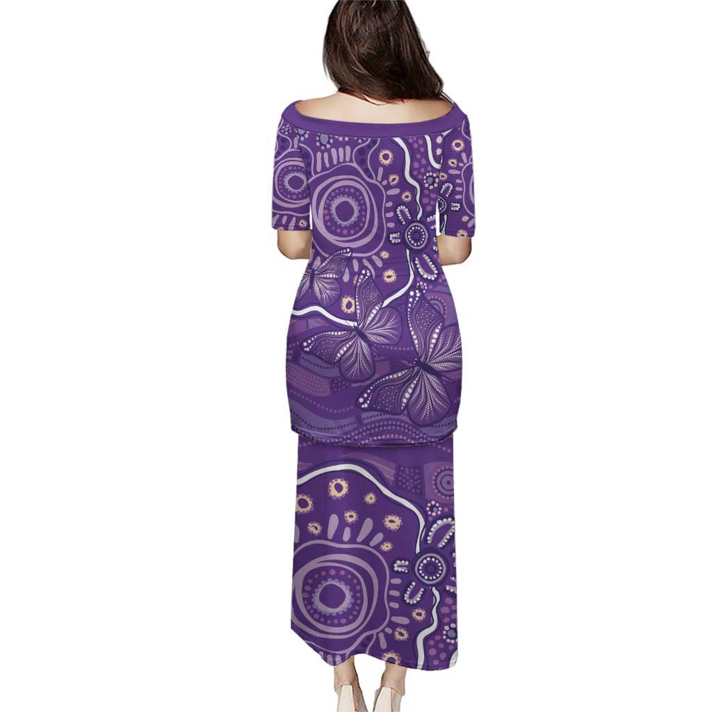 Australia Lupus Awareness Indigenous Family Matching Puletasi and Hawaiian Shirt Purple Ribbon Aboriginal Butterflies