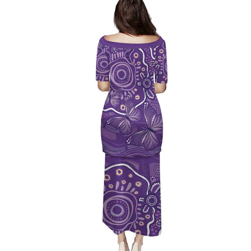Australia Lupus Awareness Indigenous Family Matching Puletasi and Hawaiian Shirt Purple Ribbon Aboriginal Butterflies