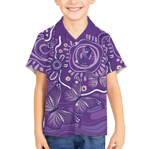 Australia Lupus Awareness Indigenous Family Matching Puletasi and Hawaiian Shirt Purple Ribbon Aboriginal Butterflies
