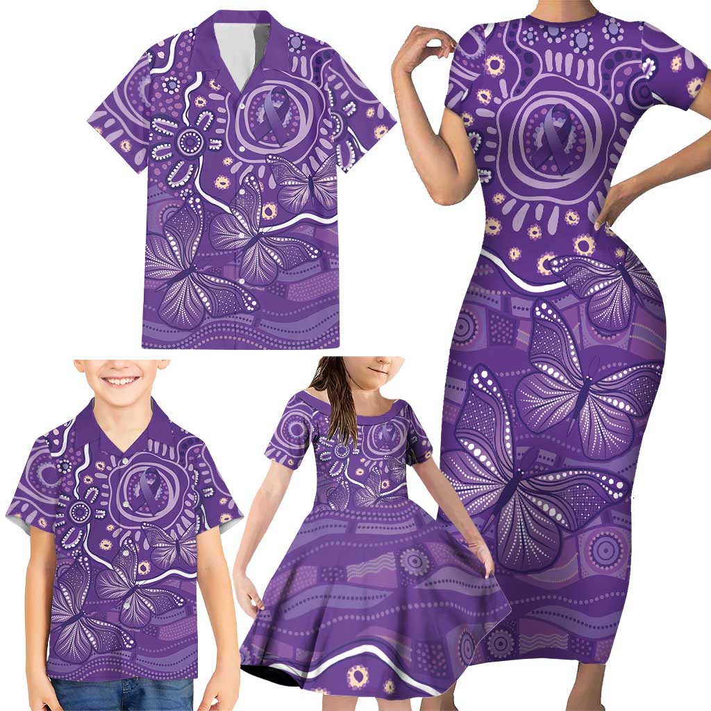 Australia Lupus Awareness Indigenous Family Matching Short Sleeve Bodycon Dress and Hawaiian Shirt Purple Ribbon Aboriginal Butterflies