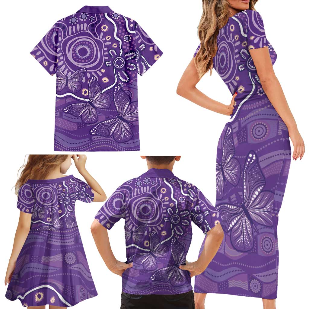 Australia Lupus Awareness Indigenous Family Matching Short Sleeve Bodycon Dress and Hawaiian Shirt Purple Ribbon Aboriginal Butterflies