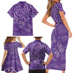Australia Lupus Awareness Indigenous Family Matching Short Sleeve Bodycon Dress and Hawaiian Shirt Purple Ribbon Aboriginal Butterflies