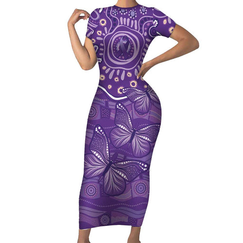 Australia Lupus Awareness Indigenous Family Matching Short Sleeve Bodycon Dress and Hawaiian Shirt Purple Ribbon Aboriginal Butterflies
