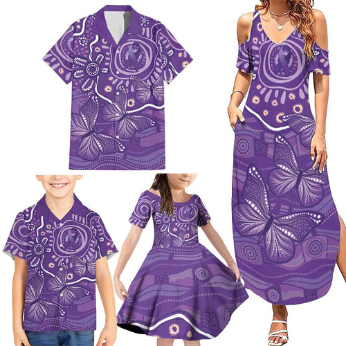 Australia Lupus Awareness Indigenous Family Matching Summer Maxi Dress and Hawaiian Shirt Purple Ribbon Aboriginal Butterflies