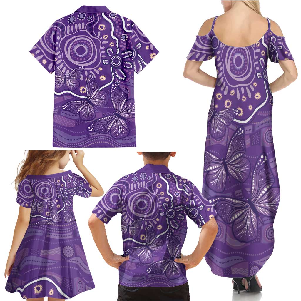 Australia Lupus Awareness Indigenous Family Matching Summer Maxi Dress and Hawaiian Shirt Purple Ribbon Aboriginal Butterflies