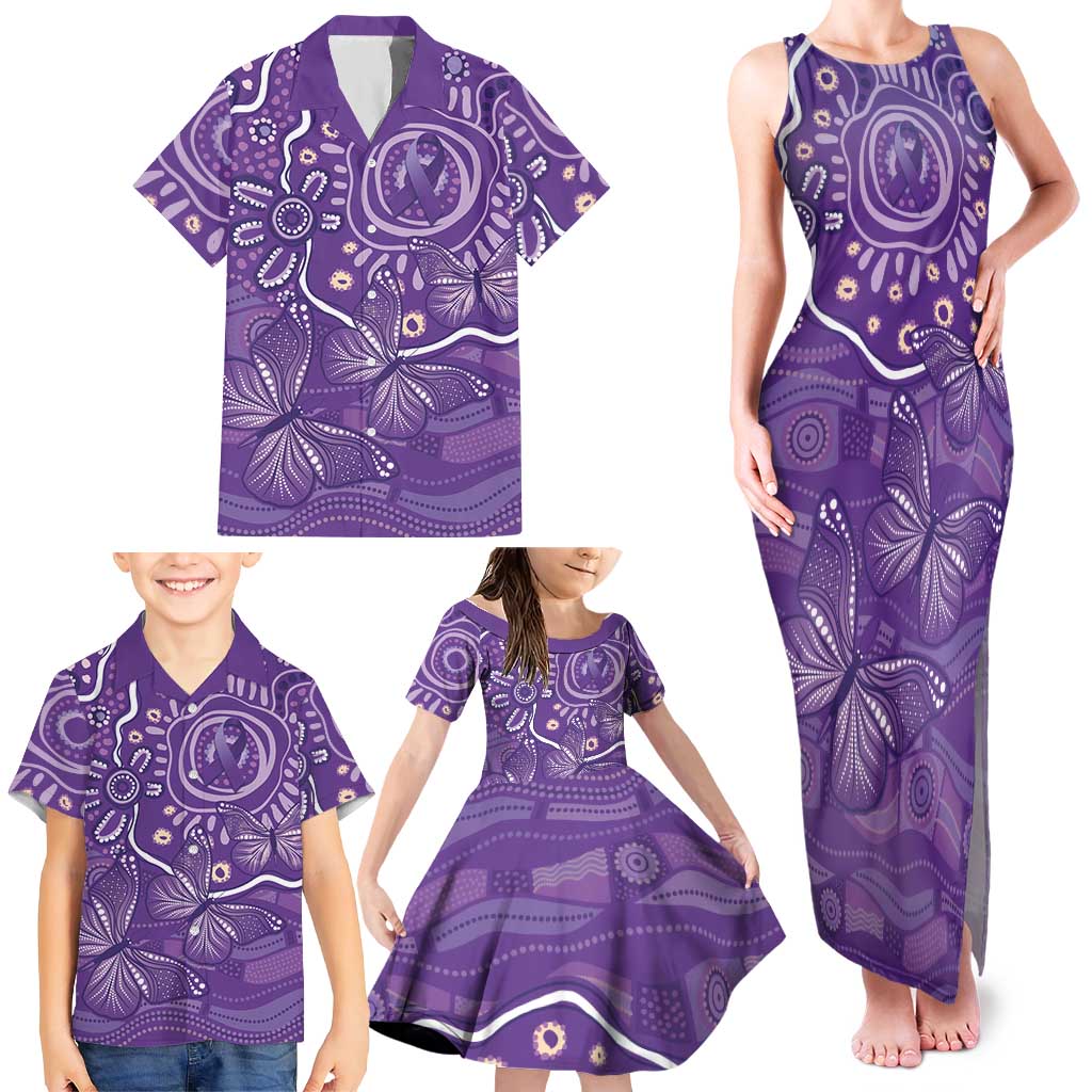 Australia Lupus Awareness Indigenous Family Matching Tank Maxi Dress and Hawaiian Shirt Purple Ribbon Aboriginal Butterflies