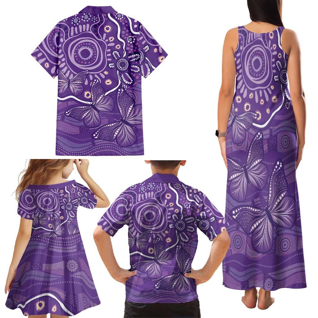 Australia Lupus Awareness Indigenous Family Matching Tank Maxi Dress and Hawaiian Shirt Purple Ribbon Aboriginal Butterflies