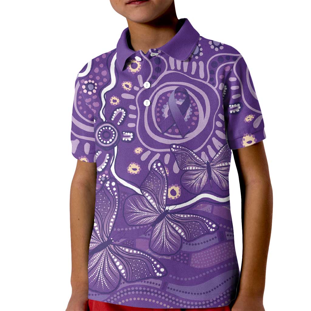 Australia Lupus Awareness Indigenous Kid Polo Shirt Purple Ribbon Aboriginal Butterflies