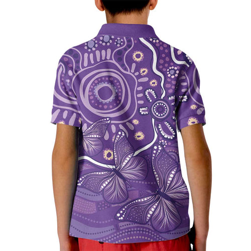 Australia Lupus Awareness Indigenous Kid Polo Shirt Purple Ribbon Aboriginal Butterflies