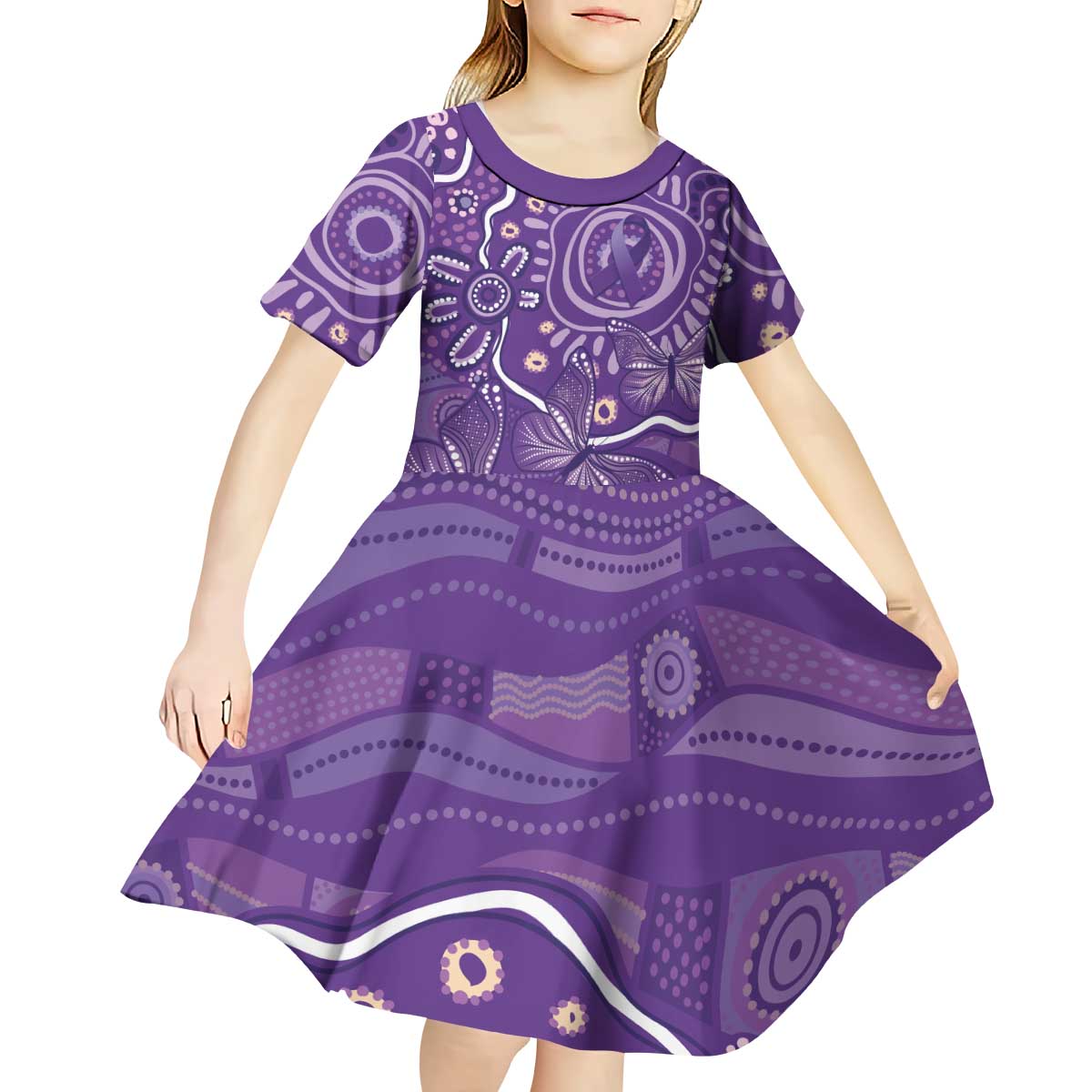 Australia Lupus Awareness Indigenous Kid Short Sleeve Dress Purple Ribbon Aboriginal Butterflies