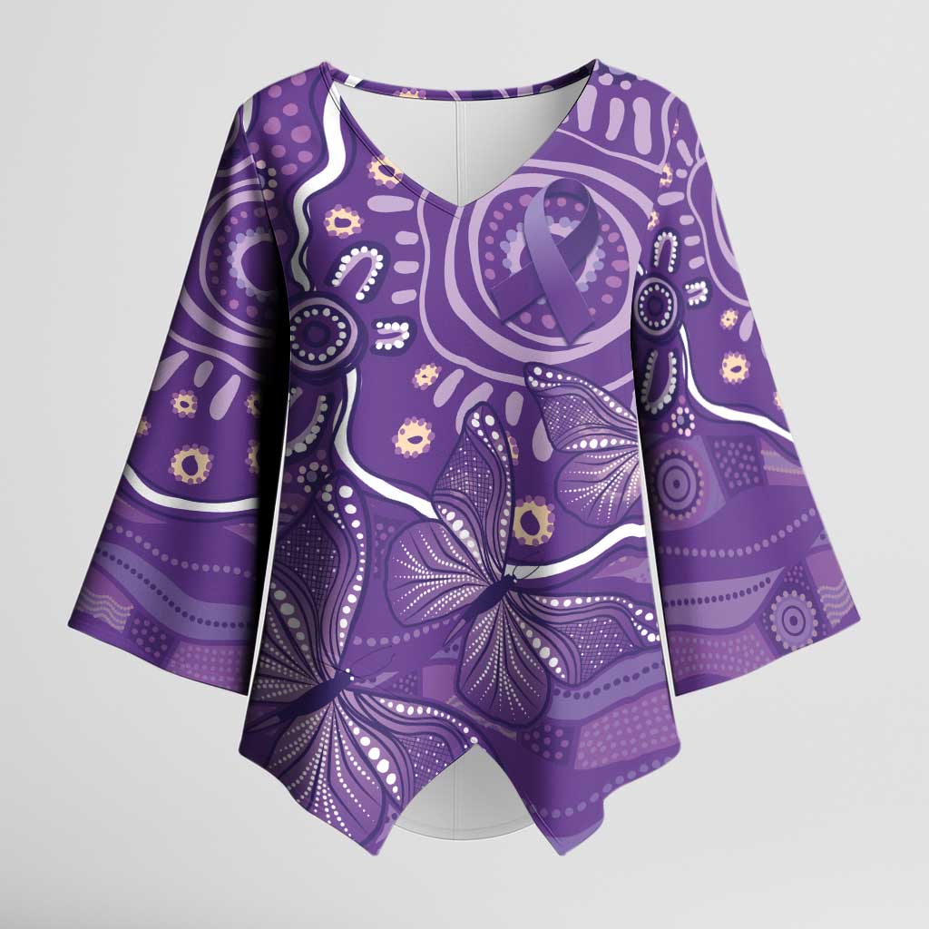 Australia Lupus Awareness Indigenous Kimono Sleeve Blouse Purple Ribbon Aboriginal Butterflies