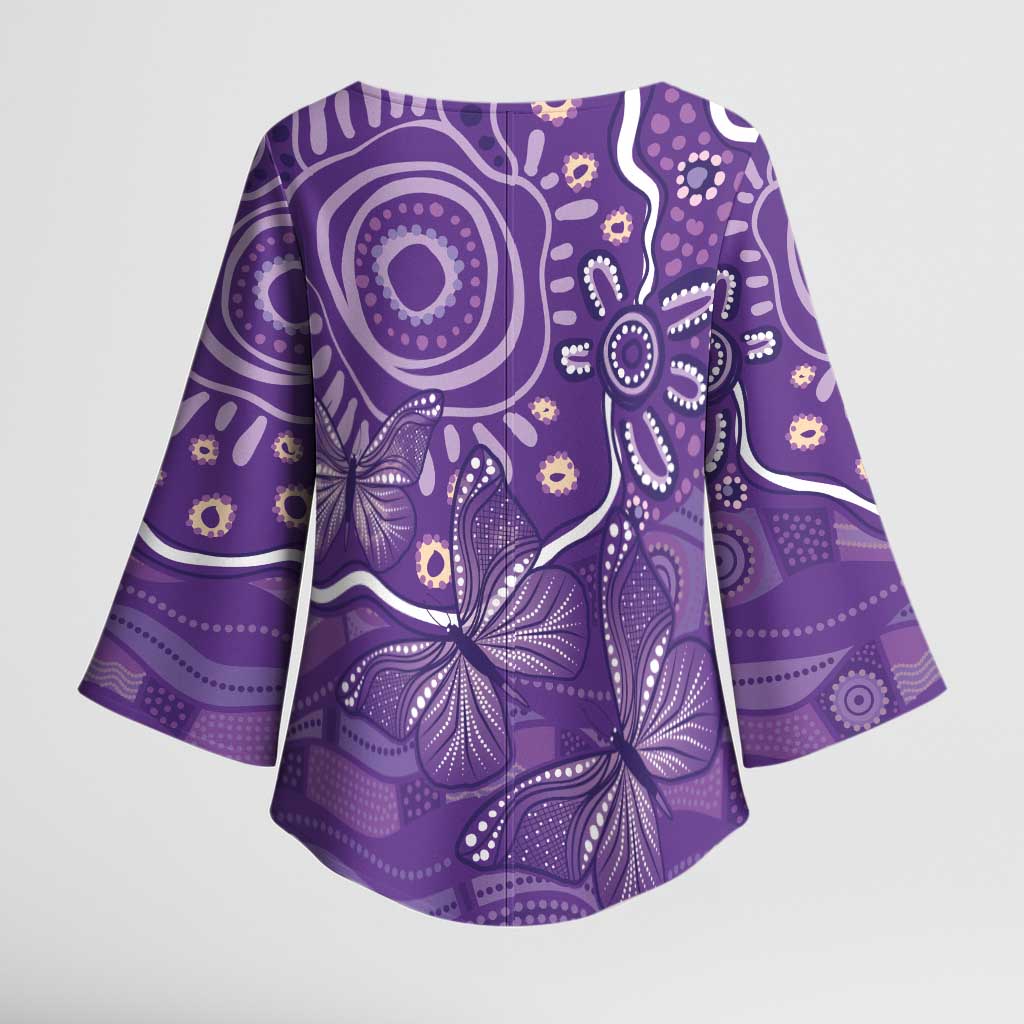 Australia Lupus Awareness Indigenous Kimono Sleeve Blouse Purple Ribbon Aboriginal Butterflies