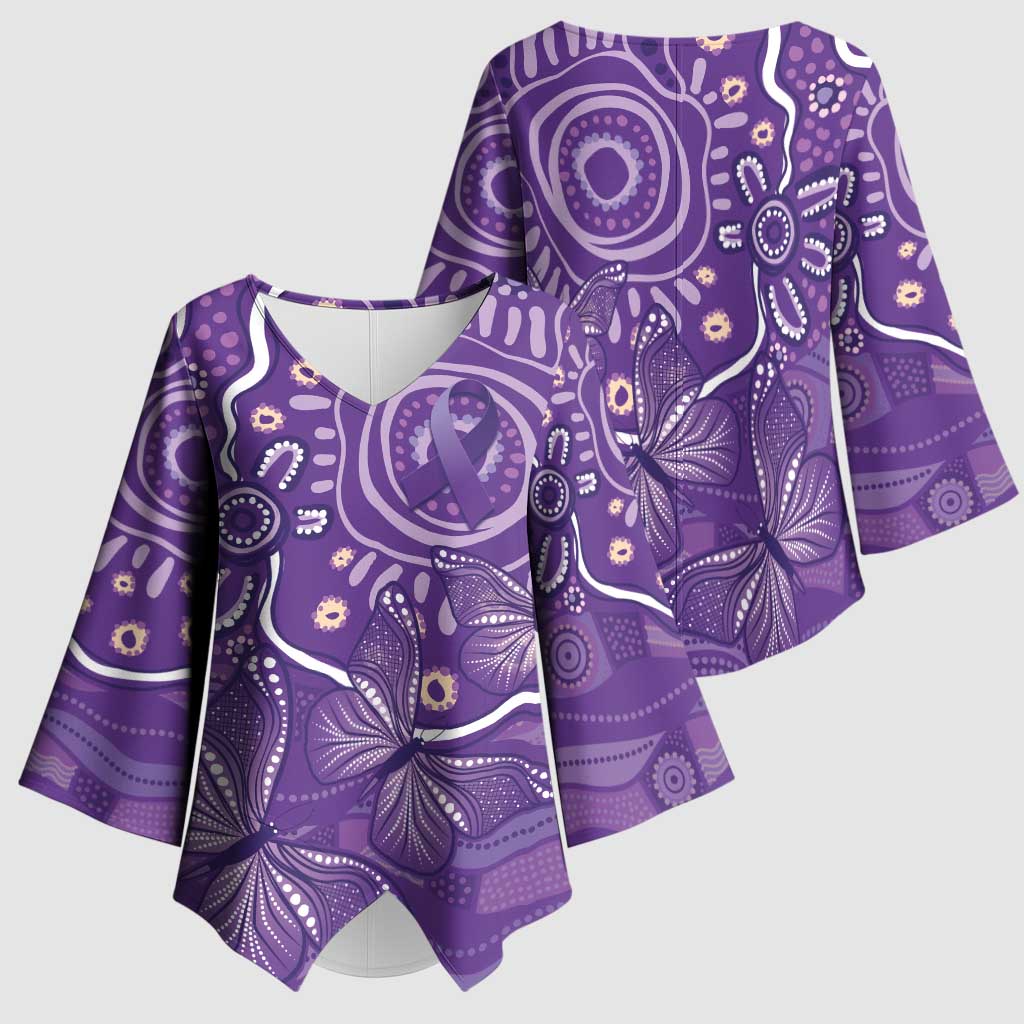Australia Lupus Awareness Indigenous Kimono Sleeve Blouse Purple Ribbon Aboriginal Butterflies