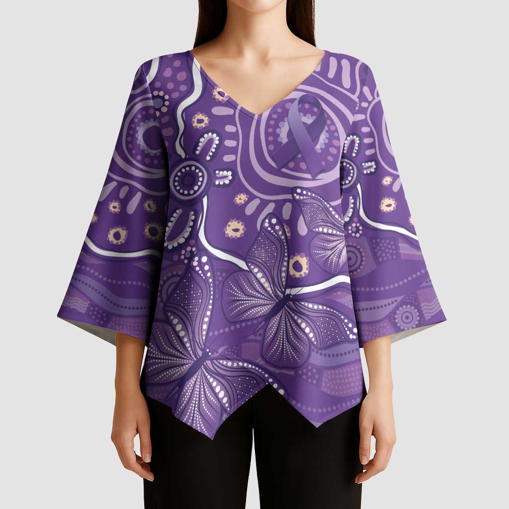 Australia Lupus Awareness Indigenous Kimono Sleeve Blouse Purple Ribbon Aboriginal Butterflies