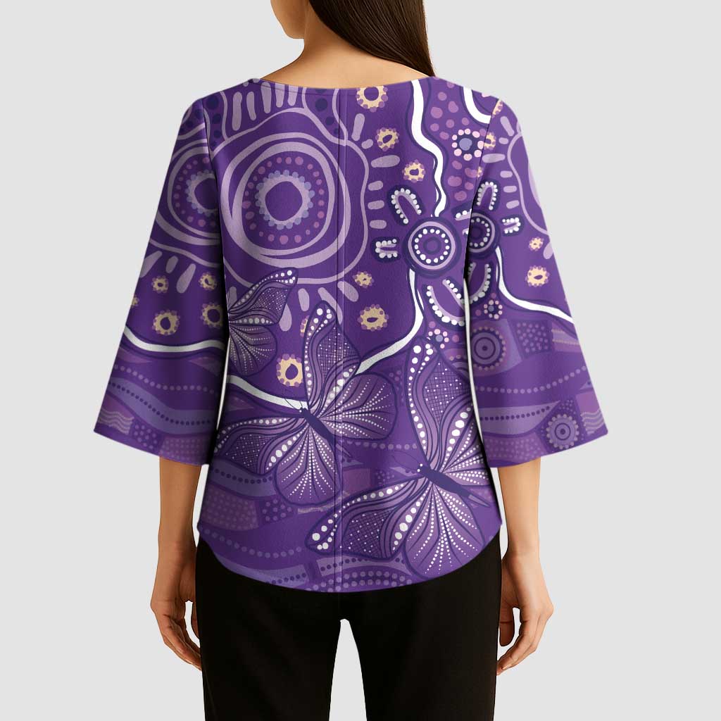Australia Lupus Awareness Indigenous Kimono Sleeve Blouse Purple Ribbon Aboriginal Butterflies