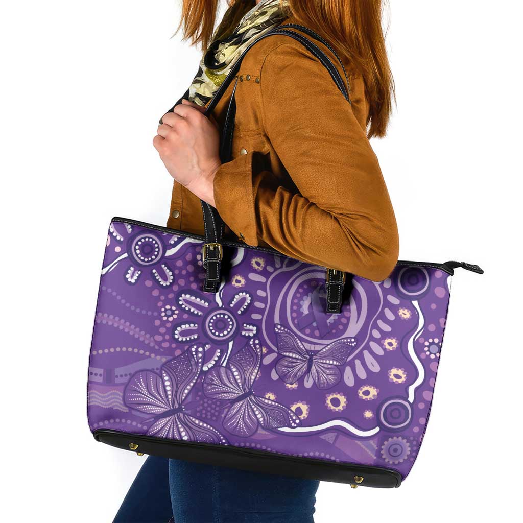 Australia Lupus Awareness Indigenous Leather Tote Bag Purple Ribbon Aboriginal Butterflies