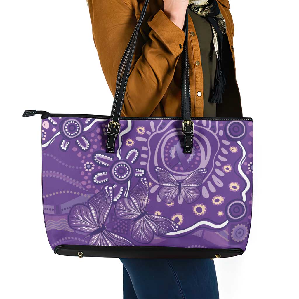 Australia Lupus Awareness Indigenous Leather Tote Bag Purple Ribbon Aboriginal Butterflies