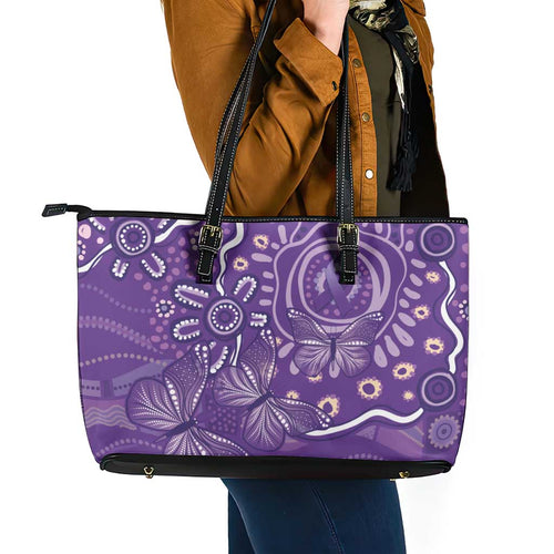 Australia Lupus Awareness Indigenous Leather Tote Bag Purple Ribbon Aboriginal Butterflies