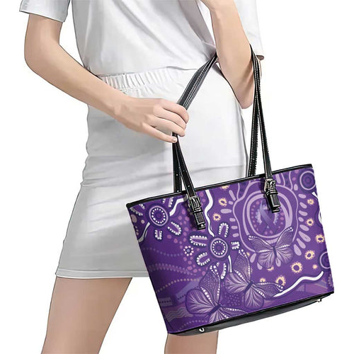 Australia Lupus Awareness Indigenous Leather Tote Bag Purple Ribbon Aboriginal Butterflies