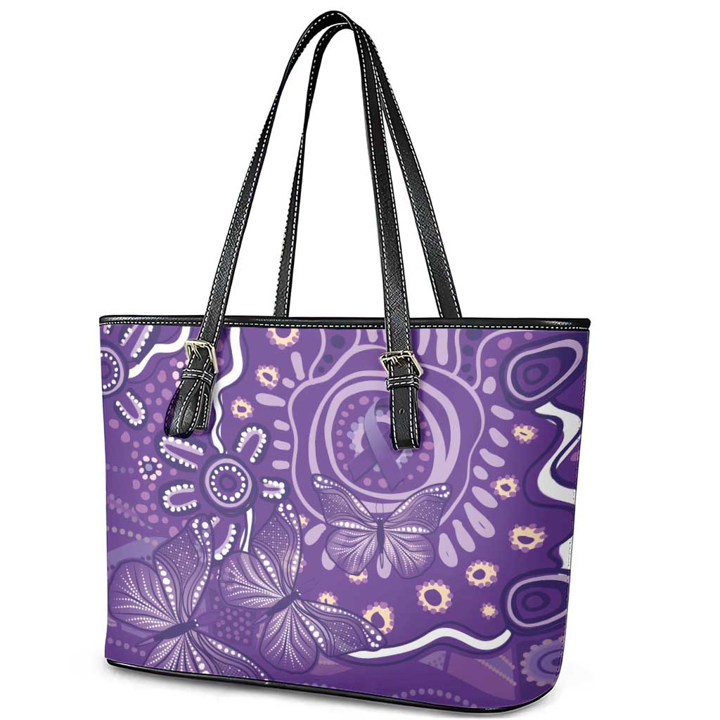 Australia Lupus Awareness Indigenous Leather Tote Bag Purple Ribbon Aboriginal Butterflies