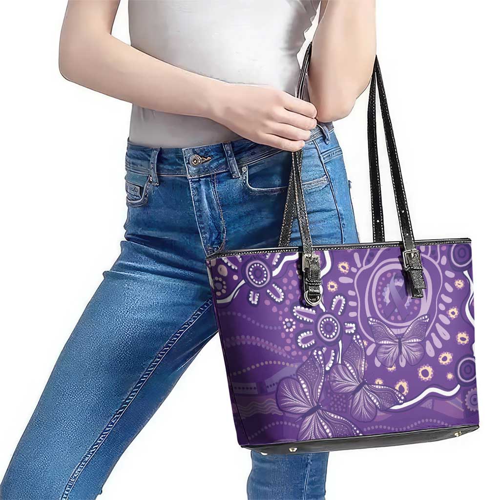 Australia Lupus Awareness Indigenous Leather Tote Bag Purple Ribbon Aboriginal Butterflies