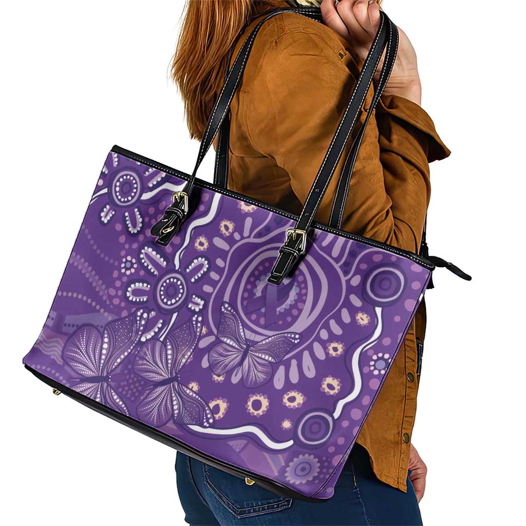 Australia Lupus Awareness Indigenous Leather Tote Bag Purple Ribbon Aboriginal Butterflies