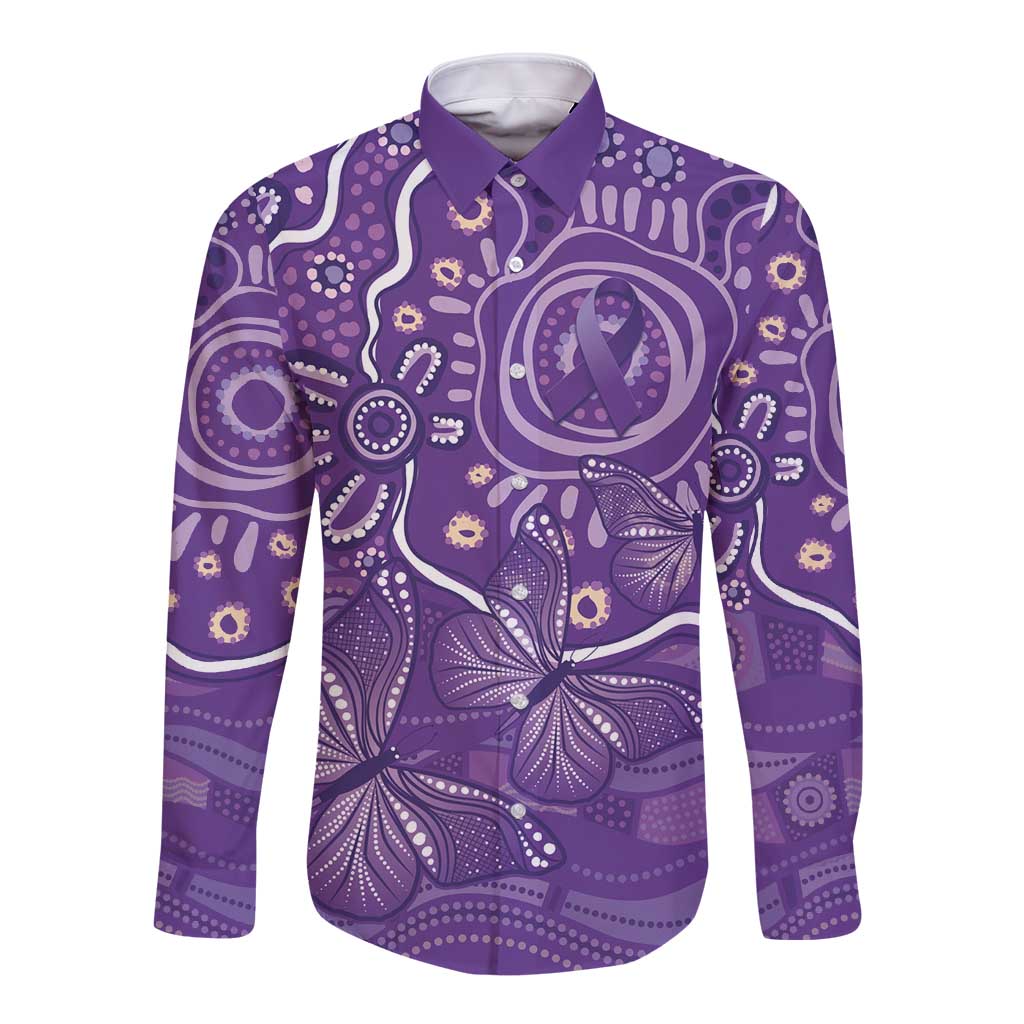 Australia Lupus Awareness Indigenous Long Sleeve Button Shirt Purple Ribbon Aboriginal Butterflies