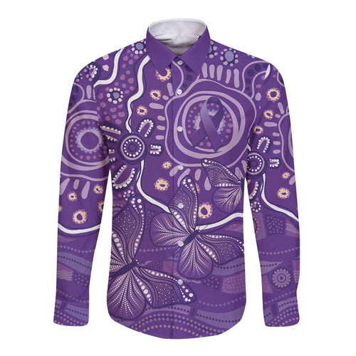Australia Lupus Awareness Indigenous Long Sleeve Button Shirt Purple Ribbon Aboriginal Butterflies