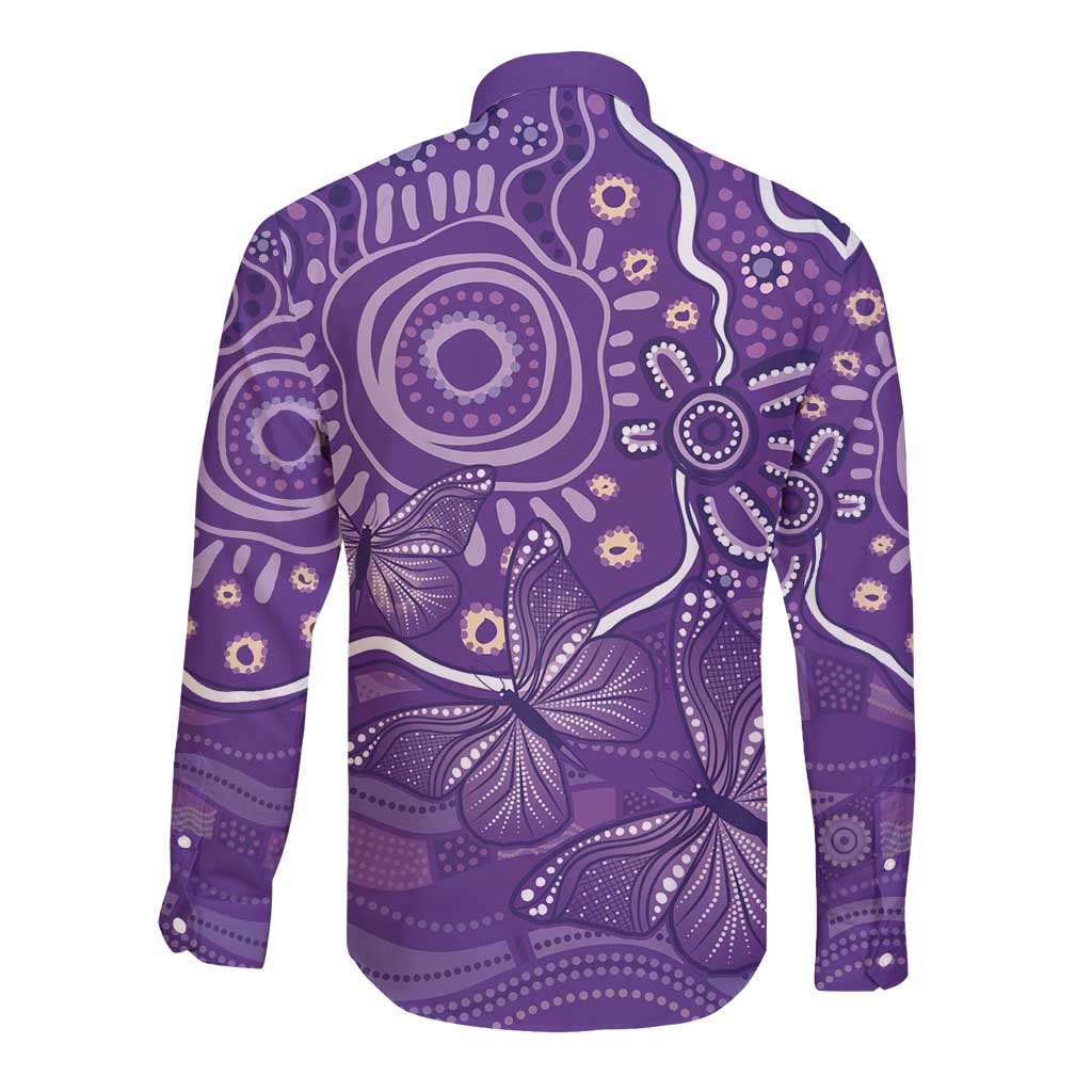 Australia Lupus Awareness Indigenous Long Sleeve Button Shirt Purple Ribbon Aboriginal Butterflies