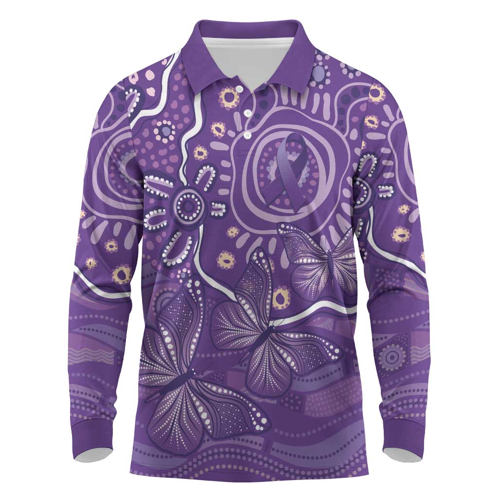 Australia Lupus Awareness Indigenous Long Sleeve Polo Shirt Purple Ribbon Aboriginal Butterflies