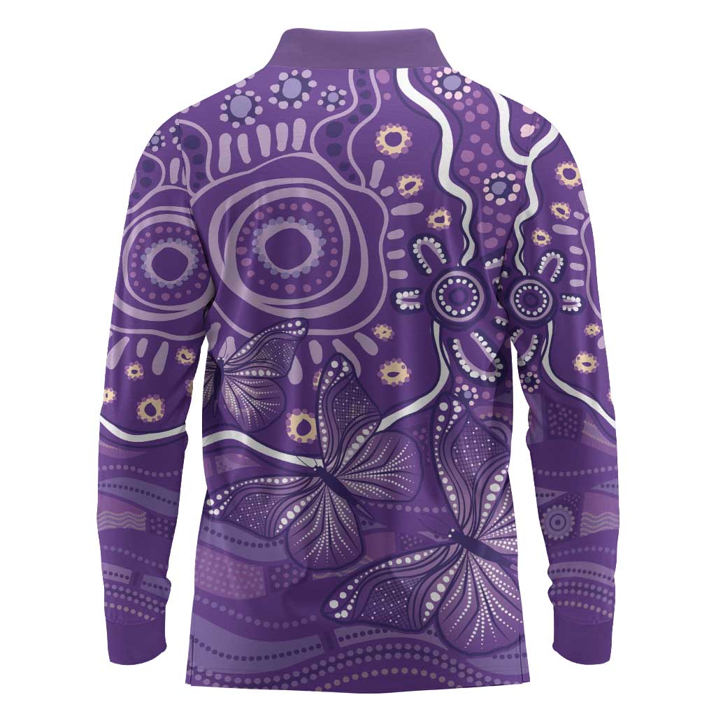 Australia Lupus Awareness Indigenous Long Sleeve Polo Shirt Purple Ribbon Aboriginal Butterflies