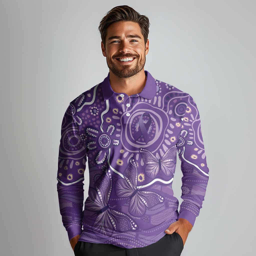 Australia Lupus Awareness Indigenous Long Sleeve Polo Shirt Purple Ribbon Aboriginal Butterflies