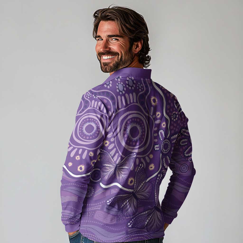 Australia Lupus Awareness Indigenous Long Sleeve Polo Shirt Purple Ribbon Aboriginal Butterflies
