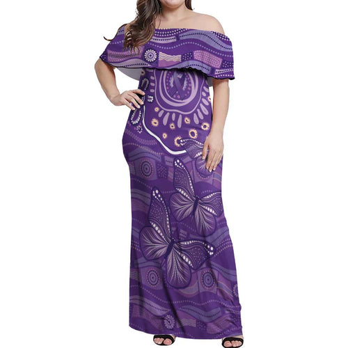 Australia Lupus Awareness Indigenous Off Shoulder Maxi Dress Purple Ribbon Aboriginal Butterflies
