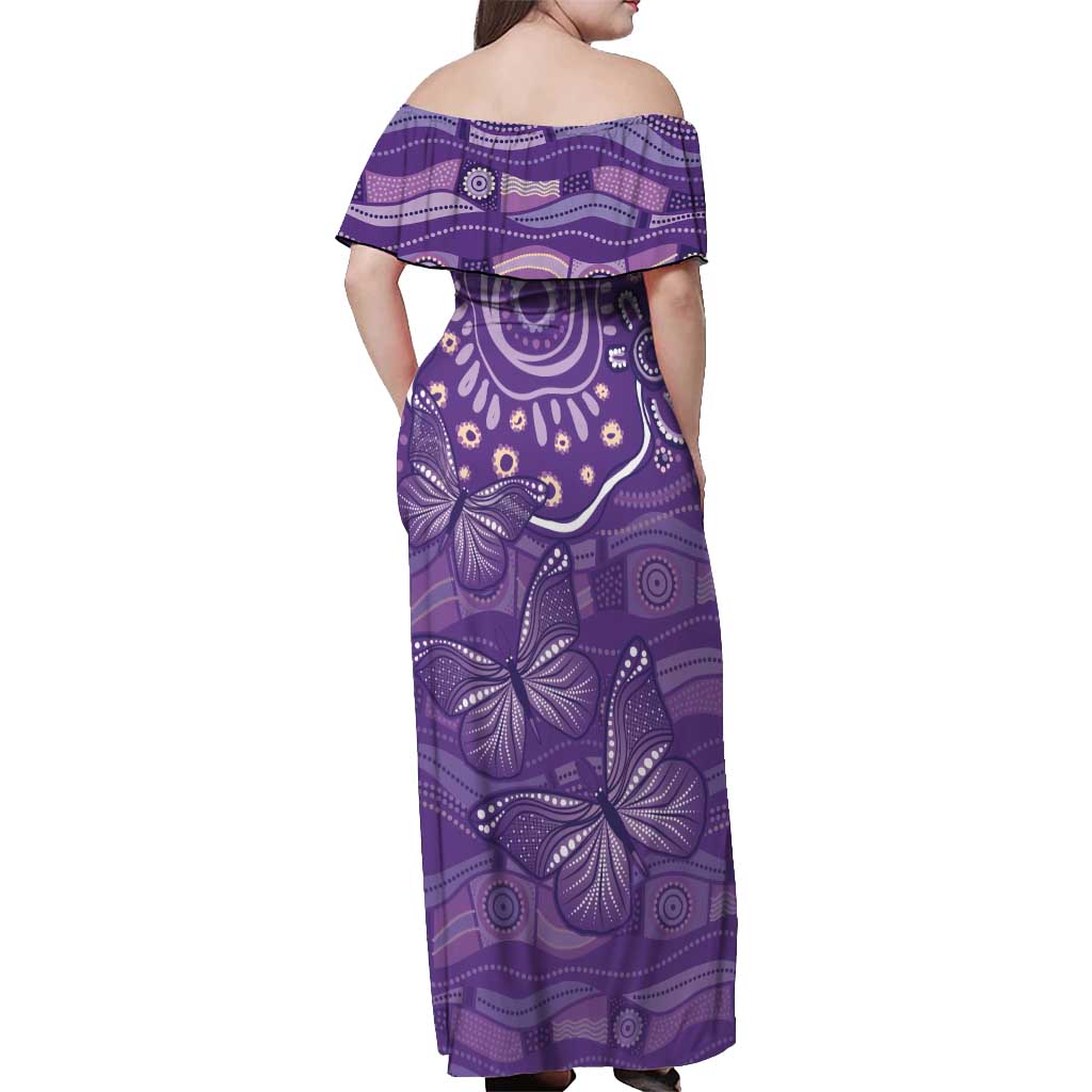 Australia Lupus Awareness Indigenous Off Shoulder Maxi Dress Purple Ribbon Aboriginal Butterflies