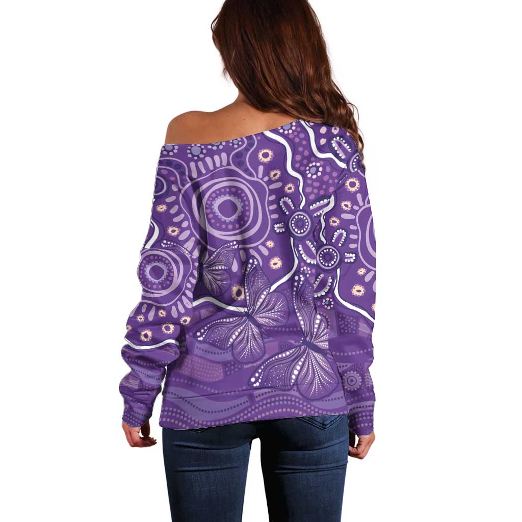 Australia Lupus Awareness Indigenous Off Shoulder Sweater Purple Ribbon Aboriginal Butterflies
