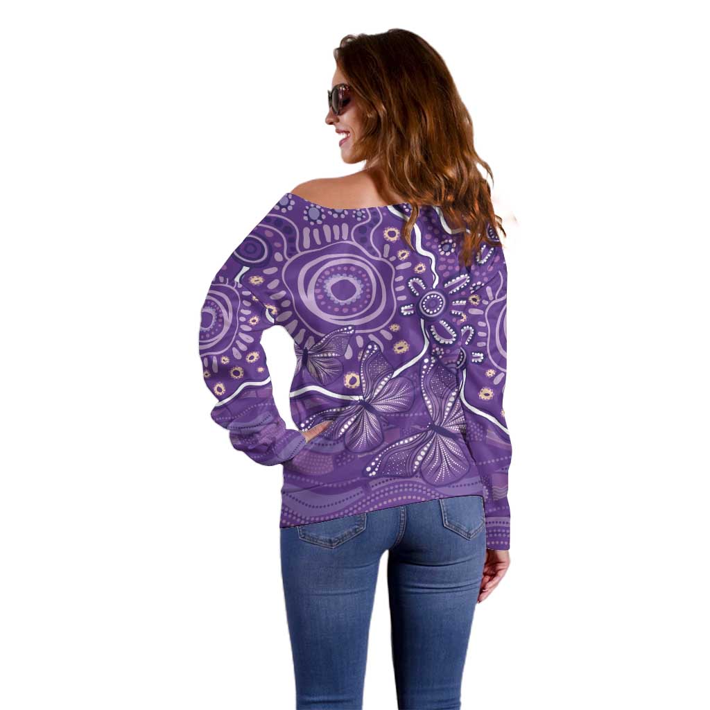 Australia Lupus Awareness Indigenous Off Shoulder Sweater Purple Ribbon Aboriginal Butterflies