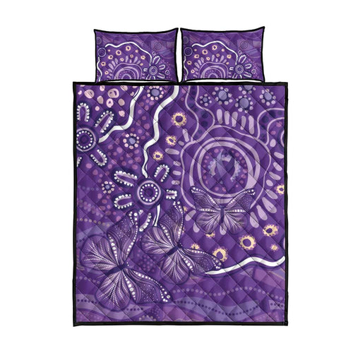 Australia Lupus Awareness Indigenous Quilt Bed Set Purple Ribbon Aboriginal Butterflies