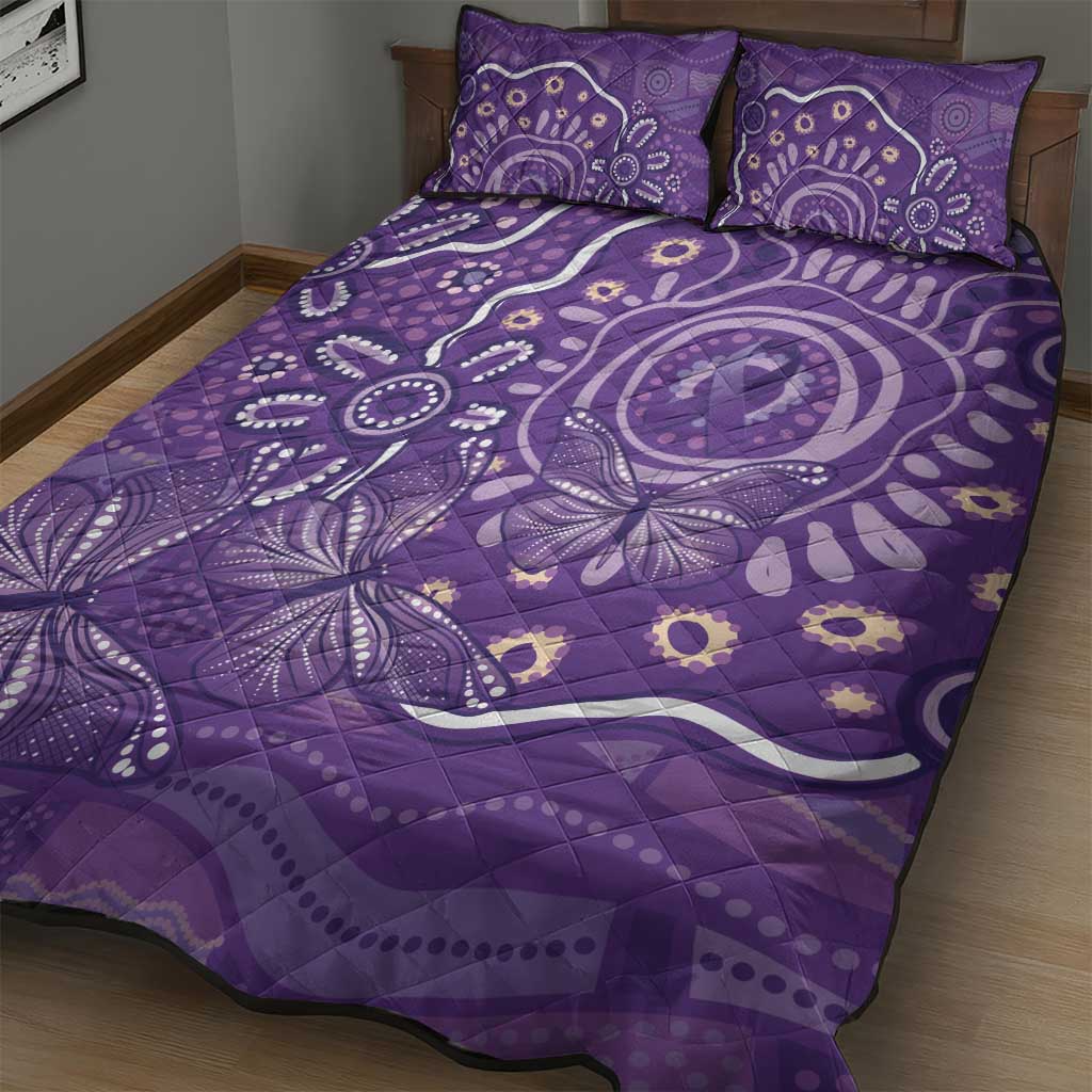 Australia Lupus Awareness Indigenous Quilt Bed Set Purple Ribbon Aboriginal Butterflies