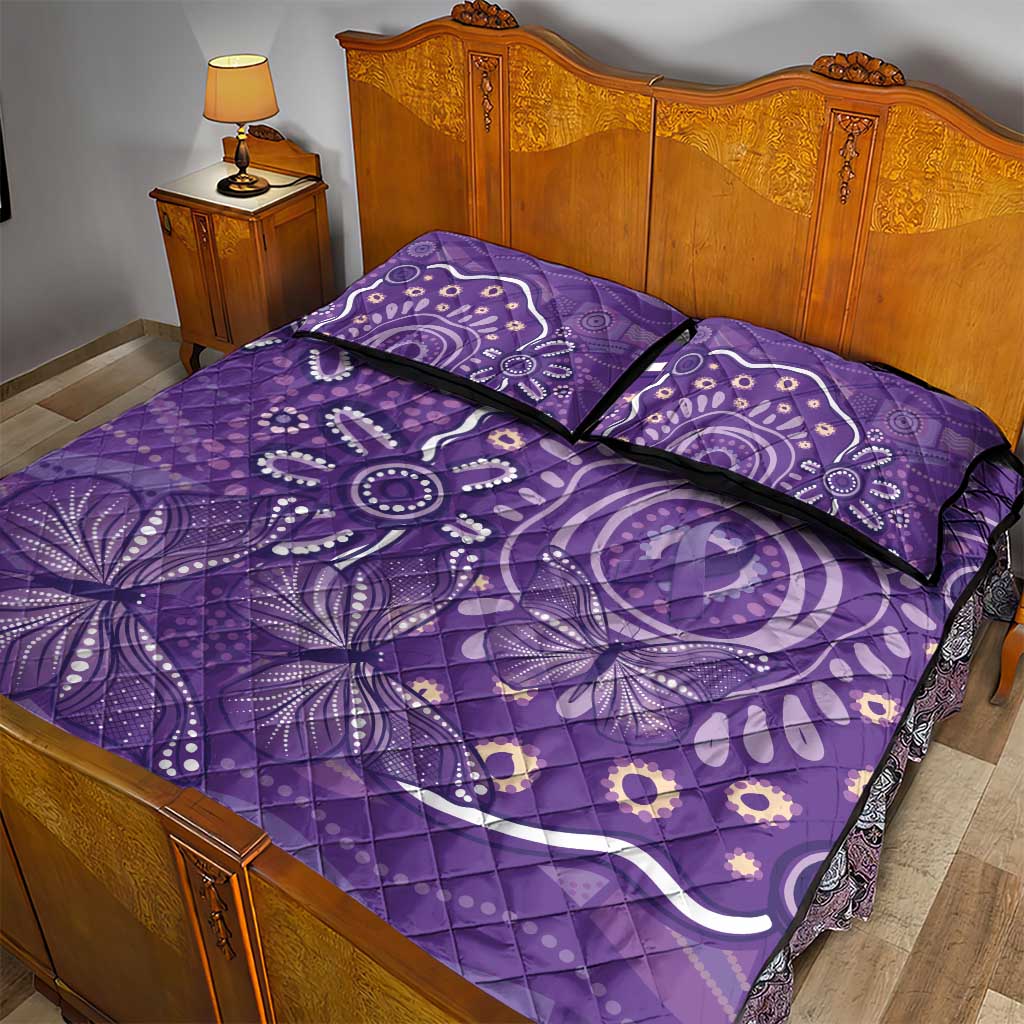 Australia Lupus Awareness Indigenous Quilt Bed Set Purple Ribbon Aboriginal Butterflies