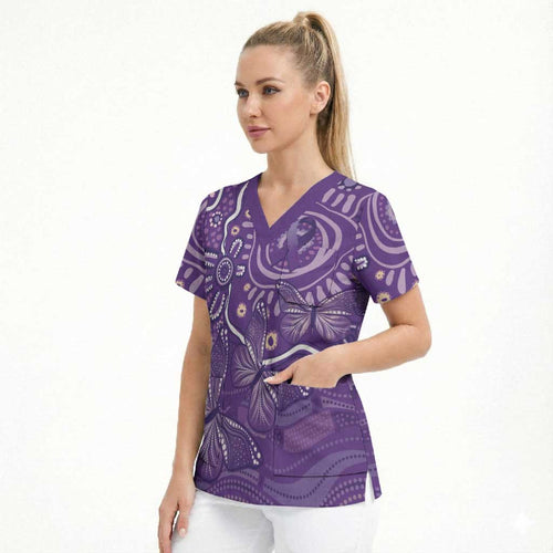 Australia Lupus Awareness Indigenous Scrub Top Purple Ribbon Aboriginal Butterflies