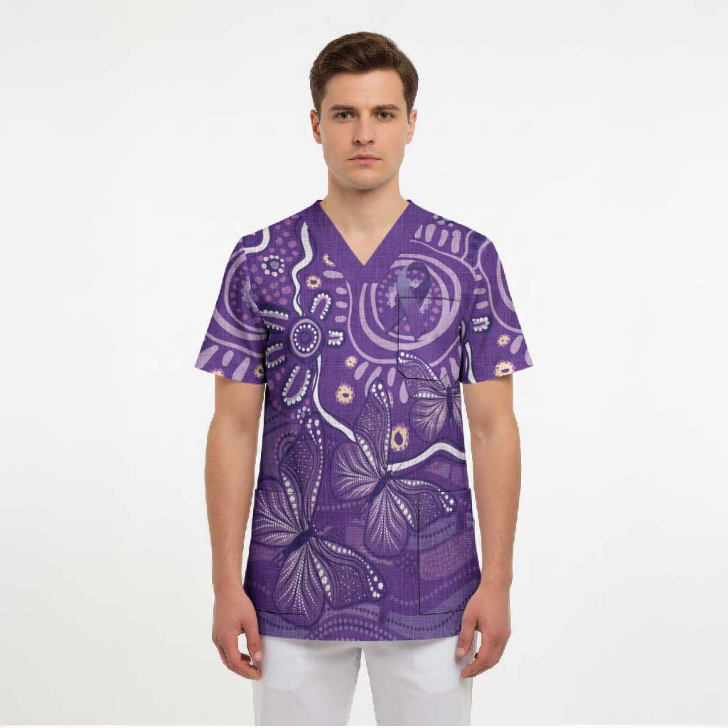 Australia Lupus Awareness Indigenous Scrub Top Purple Ribbon Aboriginal Butterflies