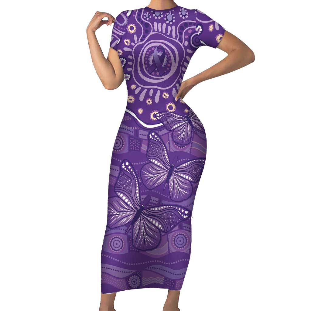 Australia Lupus Awareness Indigenous Short Sleeve Bodycon Dress Purple Ribbon Aboriginal Butterflies