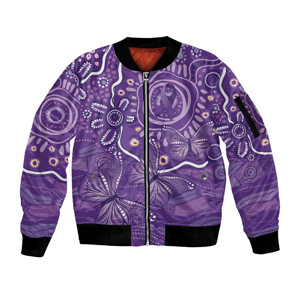 Australia Lupus Awareness Indigenous Sleeve Zip Bomber Jacket Purple Ribbon Aboriginal Butterflies