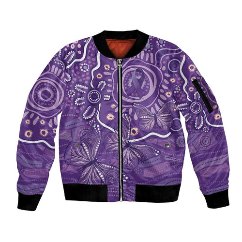 Australia Lupus Awareness Indigenous Sleeve Zip Bomber Jacket Purple Ribbon Aboriginal Butterflies
