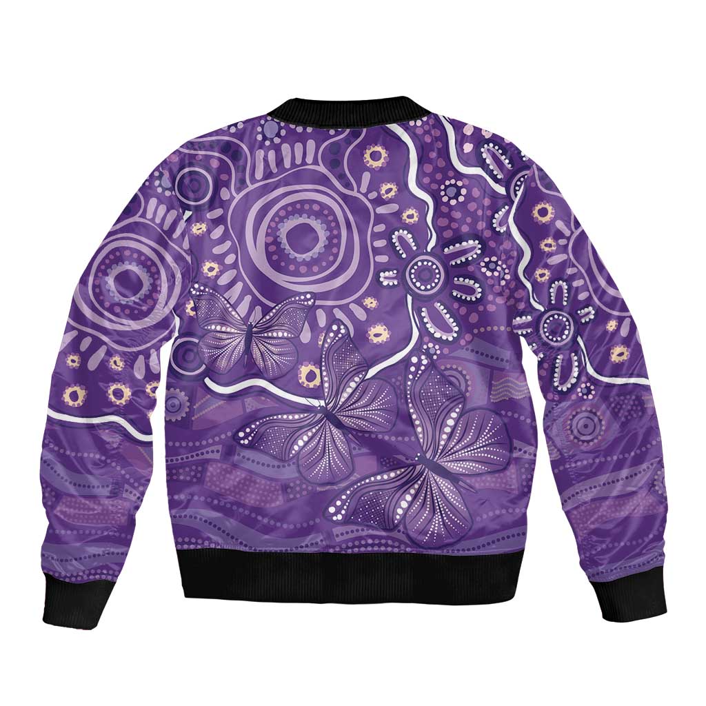 Australia Lupus Awareness Indigenous Sleeve Zip Bomber Jacket Purple Ribbon Aboriginal Butterflies