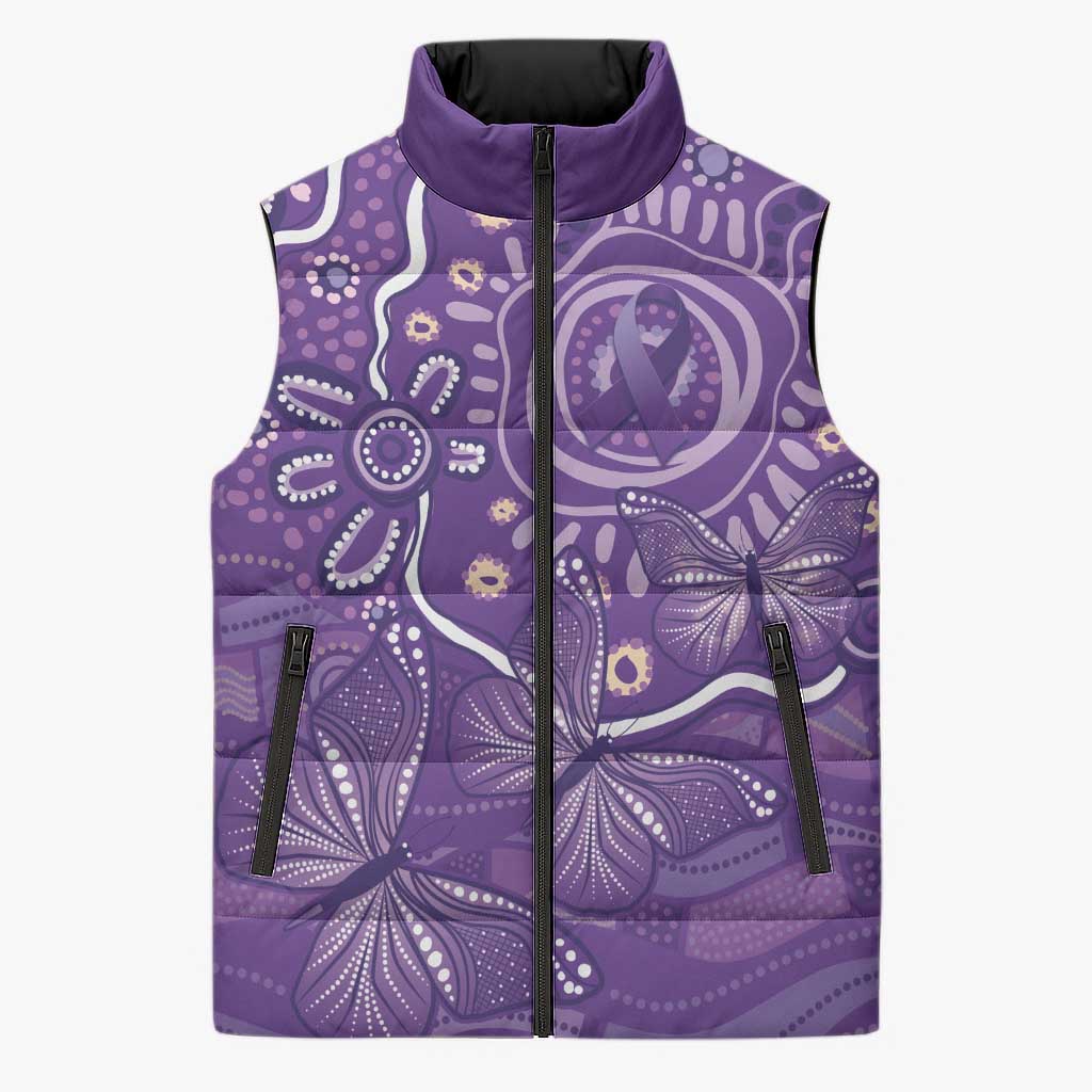 Australia Lupus Awareness Indigenous Sleeveless Puffer Jacket Purple Ribbon Aboriginal Butterflies